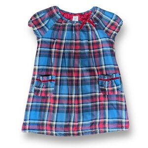 Mini Boden Girls Dress Sz 7/8 Blue Red Plaid Flannel A-line Velvet Bow Lined